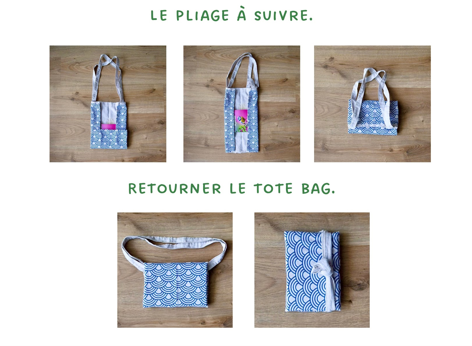 Les différentes étapes de pliage pour emballer un livre avec un tote-bag.