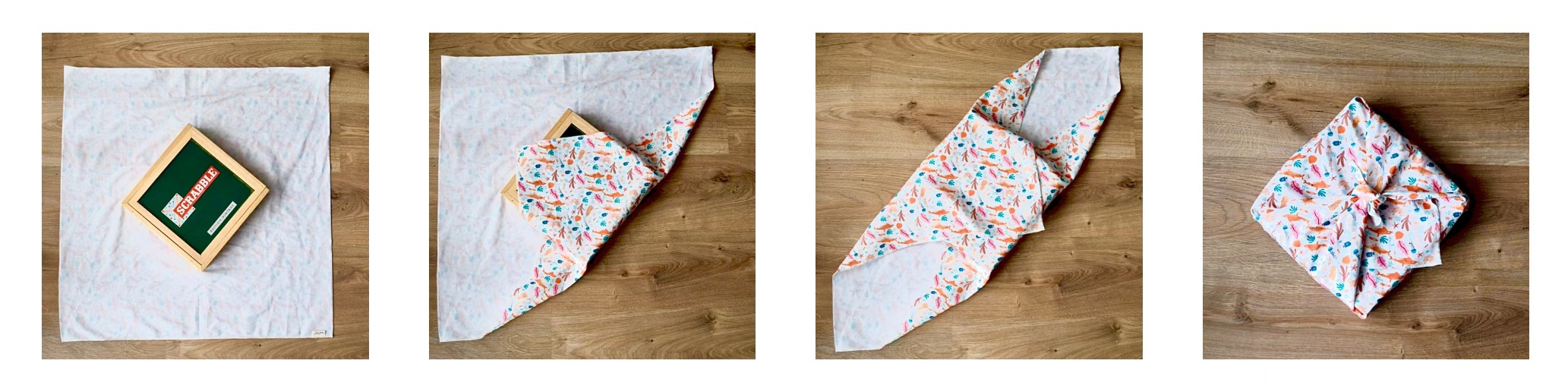 Différentes étapes du pliage d'un furoshiki avec un scrabble et un carré en tissu.