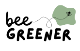 Sur un fond blanc le texte bee greener se détache avec une abeille noire sur une tache verte.