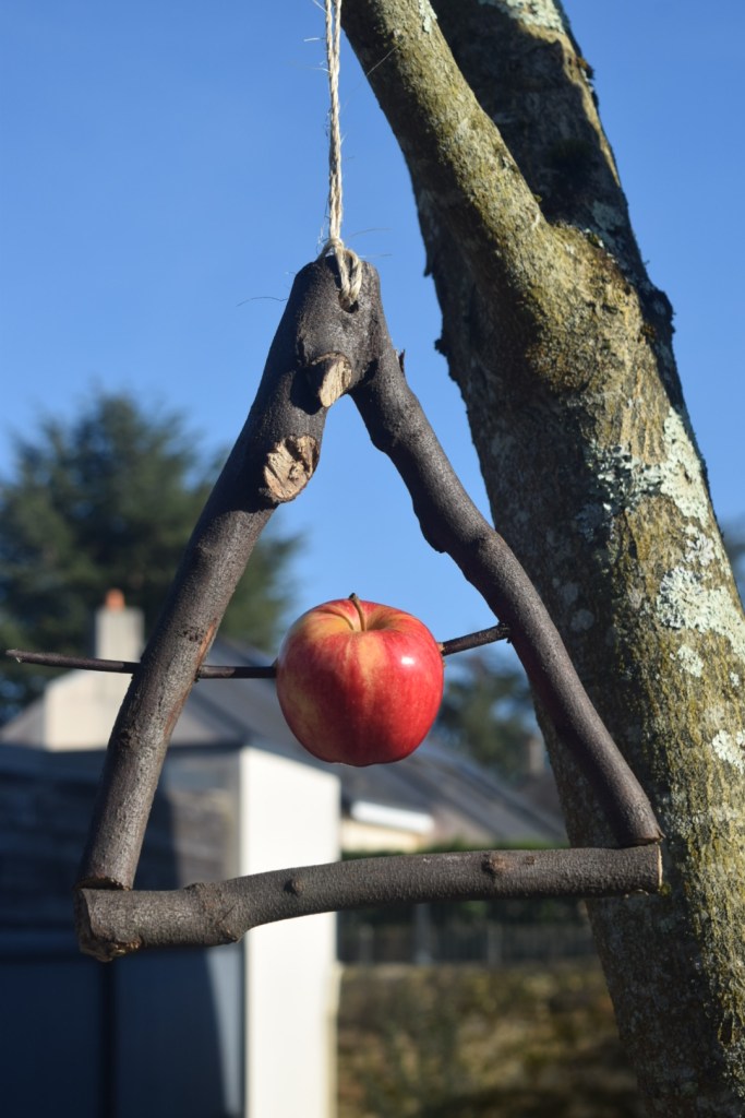 Mangeoire pour oiseaux en bois en forme de triangle avec une pomme au milieu.